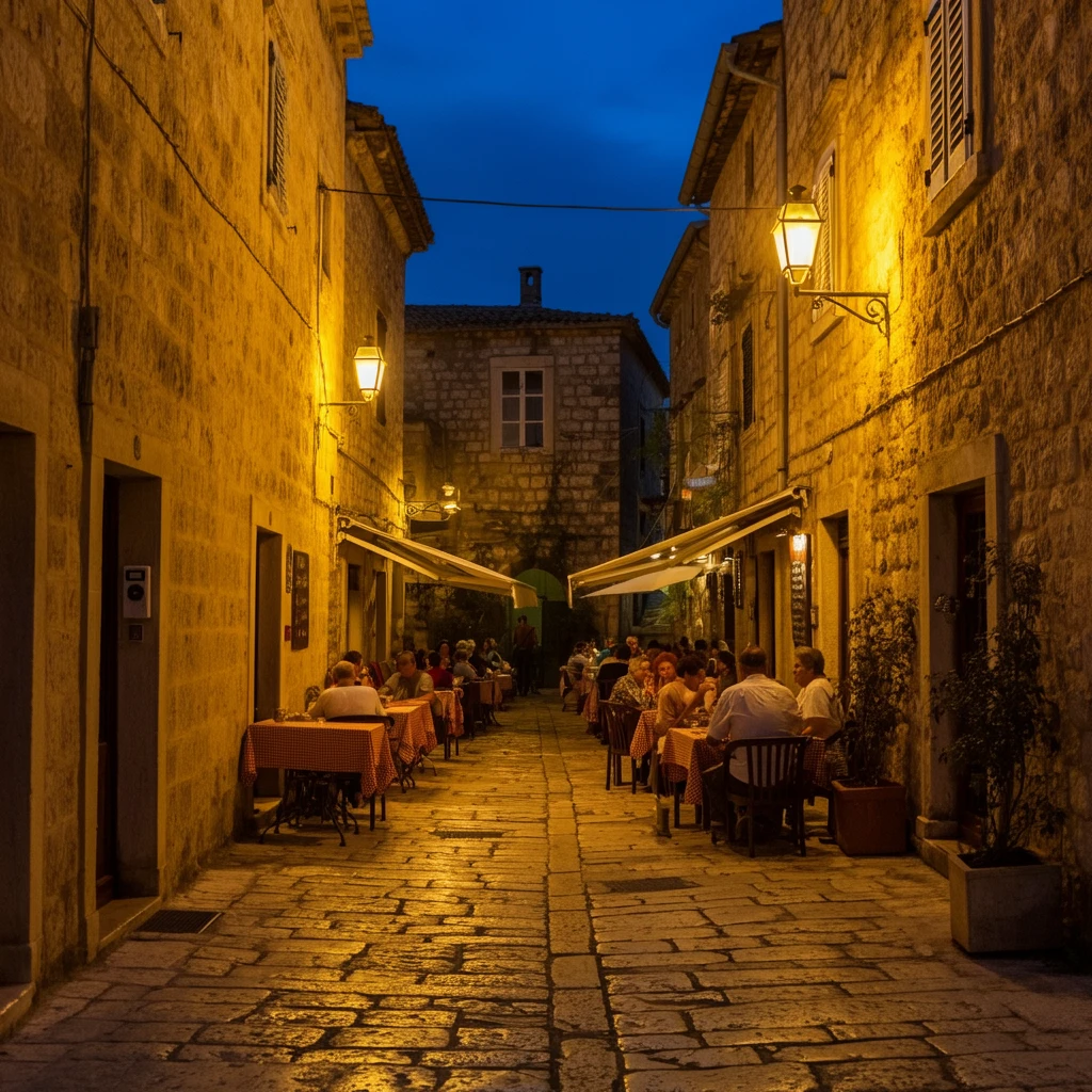 Old European street with stone buildings and people dining outdoors, natural lighting, tourist snapshot vibe