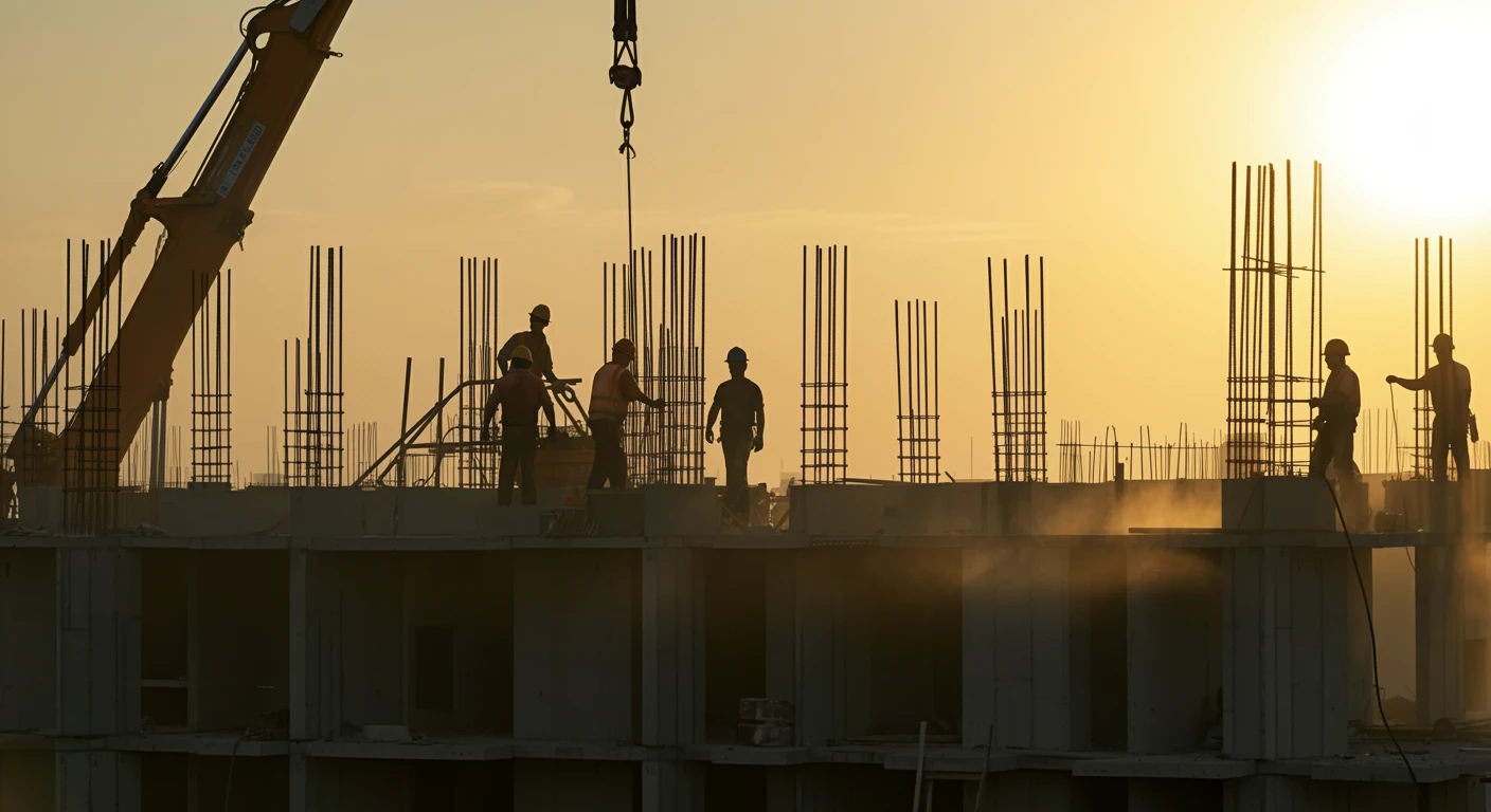 Construction workers on a high-rise building at dawn, safety gear and realistic dust/light atmosphere