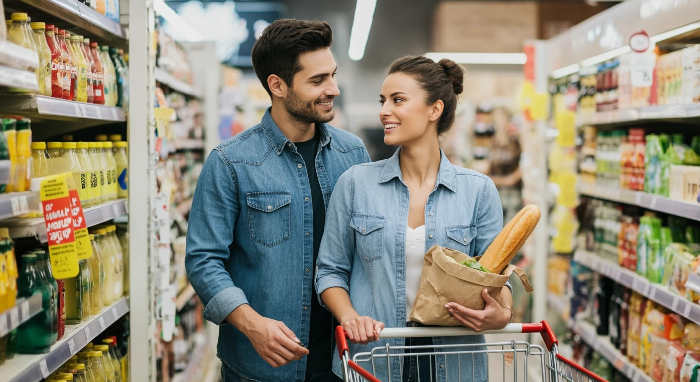 A couple grocery shopping together, smiling, in a brightly lit supermarket, candid realism