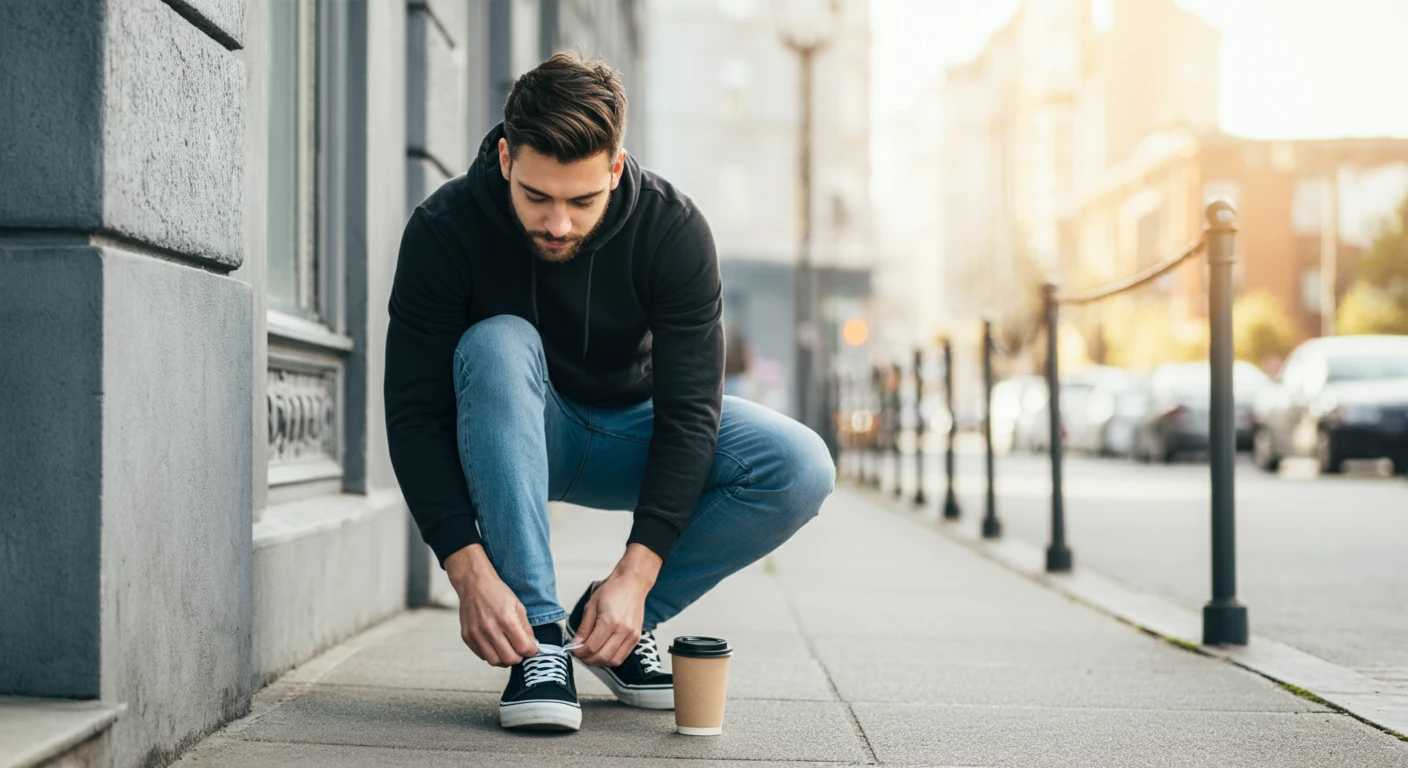 A young man tying his shoelaces on a city sidewalk in the morning, coffee in hand, realistic urban background