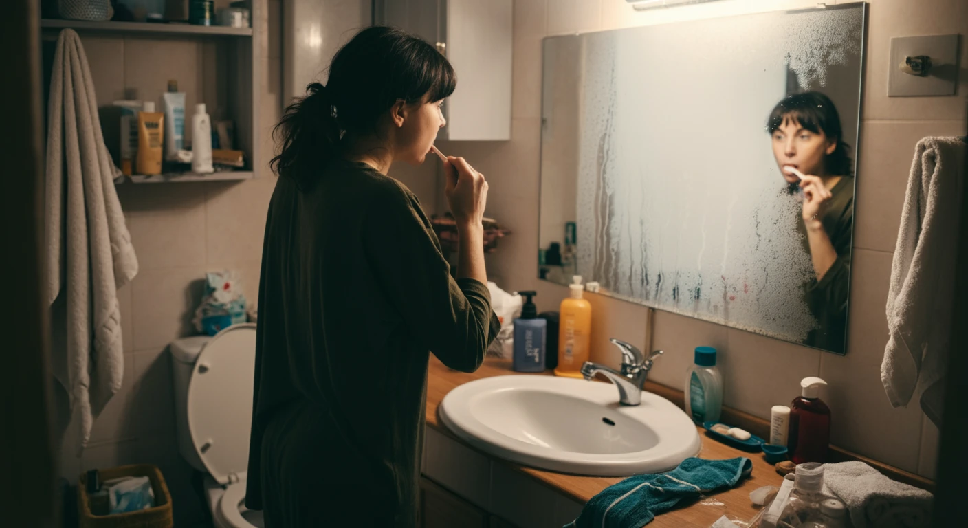 A woman brushing her teeth in a messy but cozy bathroom, foggy mirror, early morning light