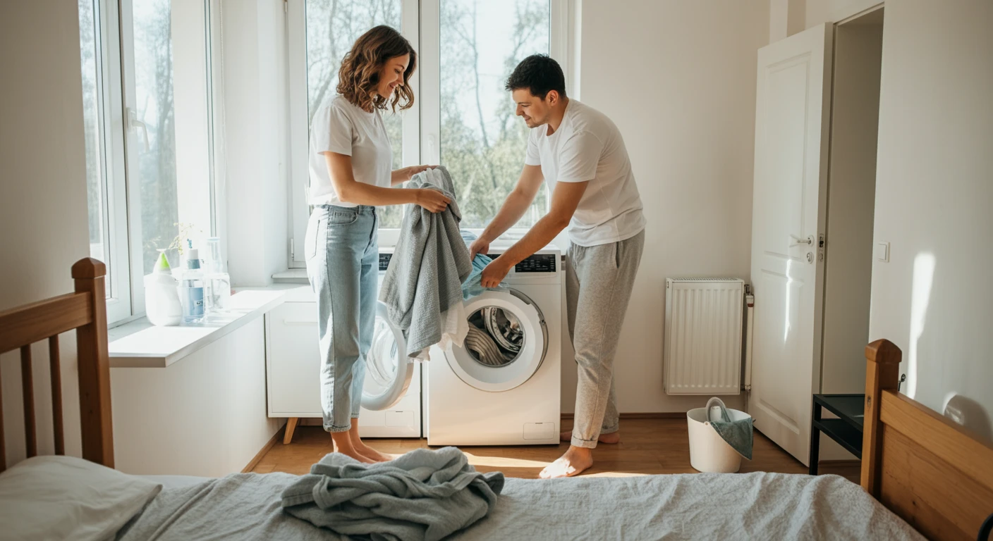 A couple folding laundry together in a sunlit bedroom, casual clothes, sense of routine
