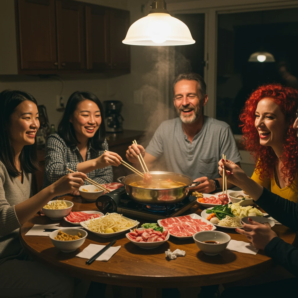 A group of friends eating hotpot at home, smiling, chatting, with realistic tabletop details