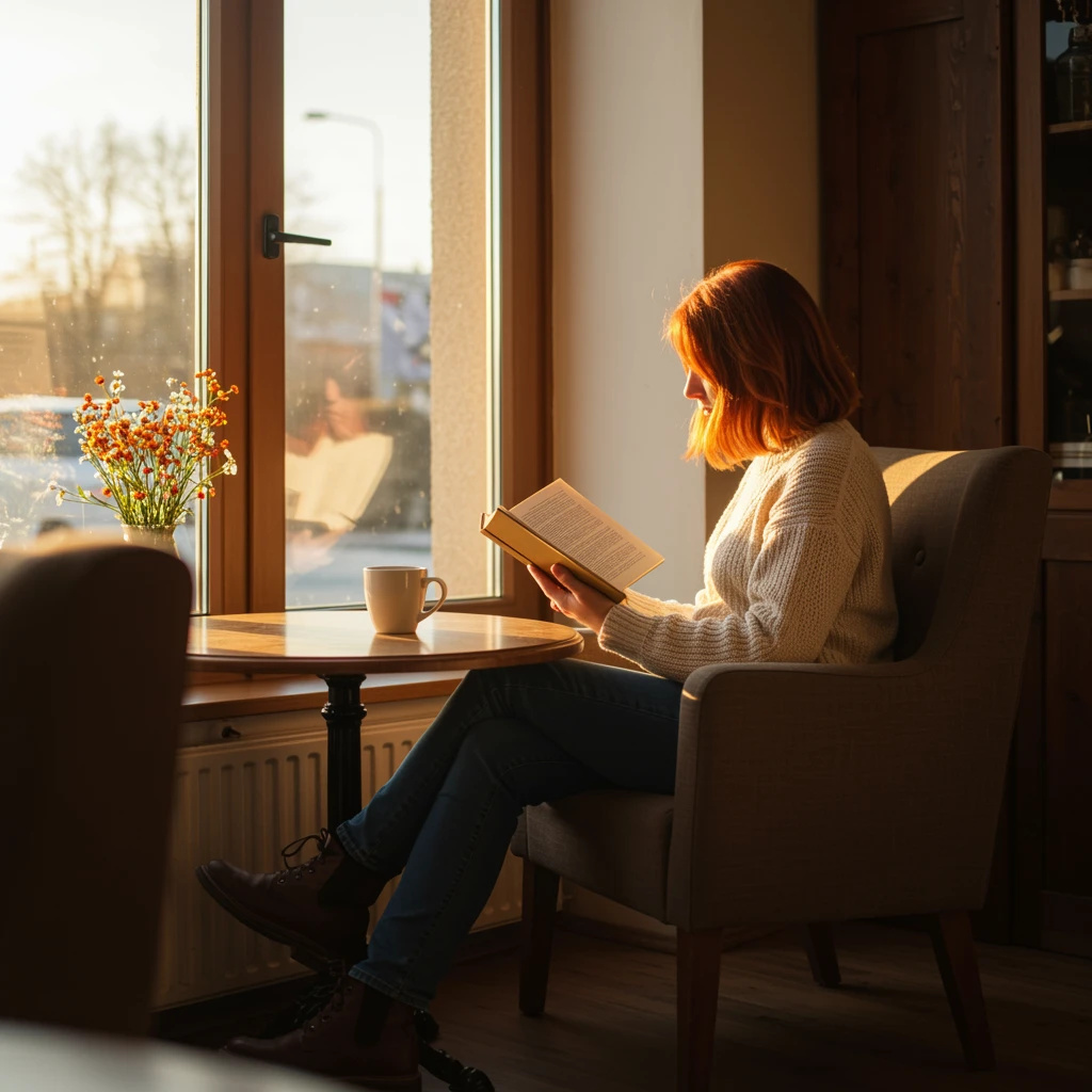 A woman drinking coffee alone in a corner café, reading a book, afternoon light through large windows