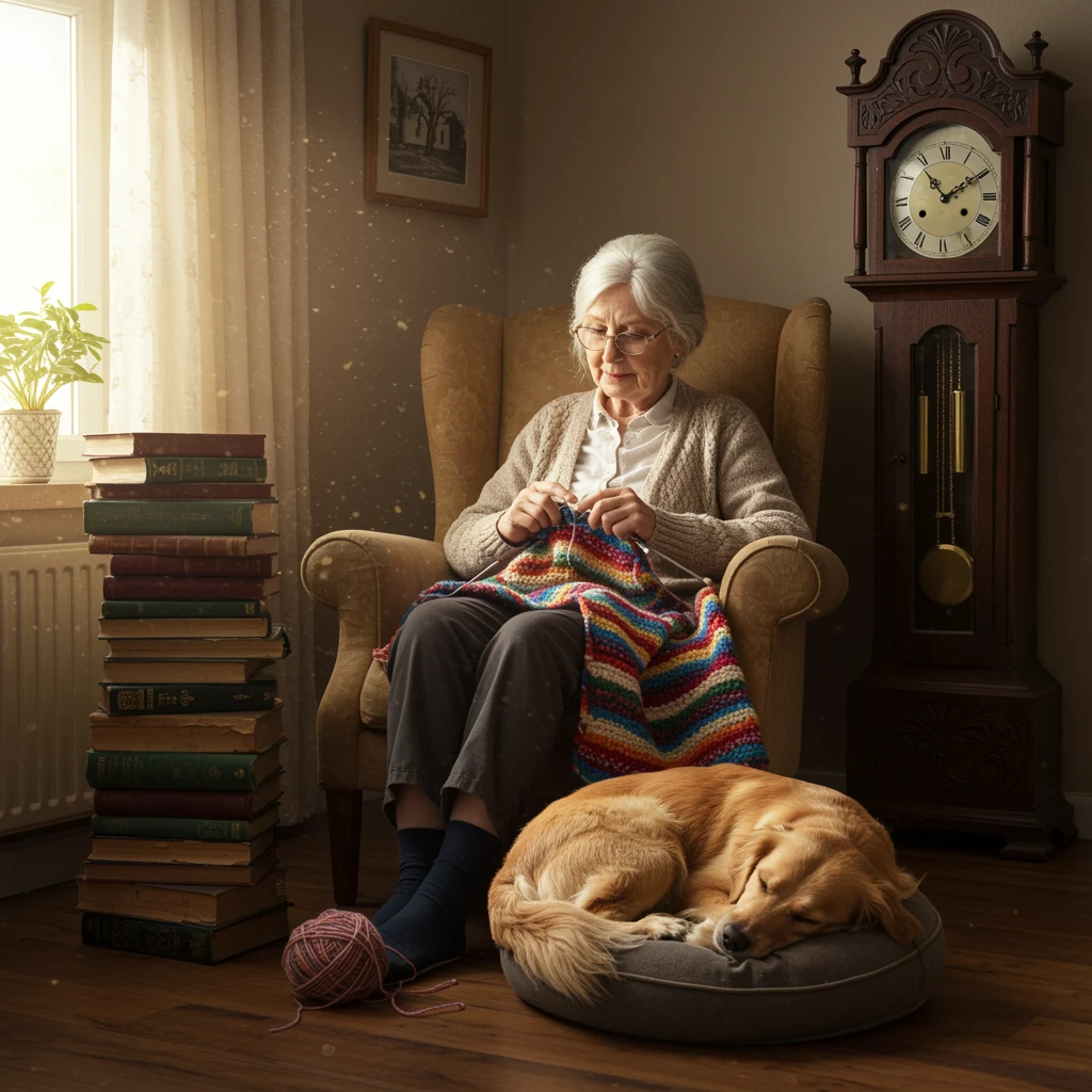 A grandmother knitting on an armchair, worn books stacked beside her, sleepy dog at her feet, old wooden clock on the wall, peaceful ambiance