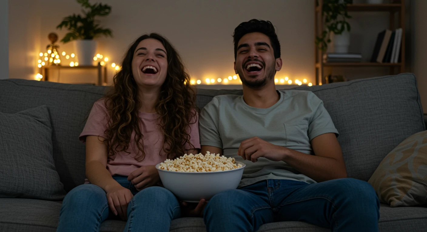 Two roommates sitting on a cozy couch, laughing while watching a movie, popcorn bowl between them, string lights in the background