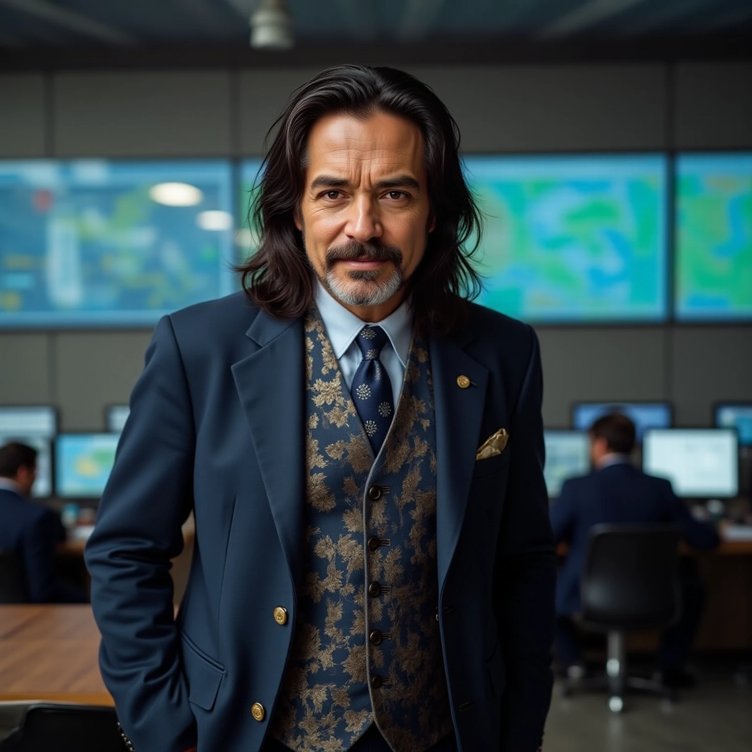A 3/4 portrait photograph of a thin-faced thin man. He has very long dark brown hair and a short grey goatee beard and moustache. He is 66 years old. He is wearing a dark blue suit with a brocade waistcoat and a subdued gold tie. He has a very small simple circular gold lapel pin. He is standing relaxed with his hands in his trouser pockets. He is standing to one side in a high-tech control room. The background is out of focus and shows people sitting at control stations. He has a slight welcoming smile . Realistic. Atmospheric. Detailed. Super Realism, UHD, photorealistic.