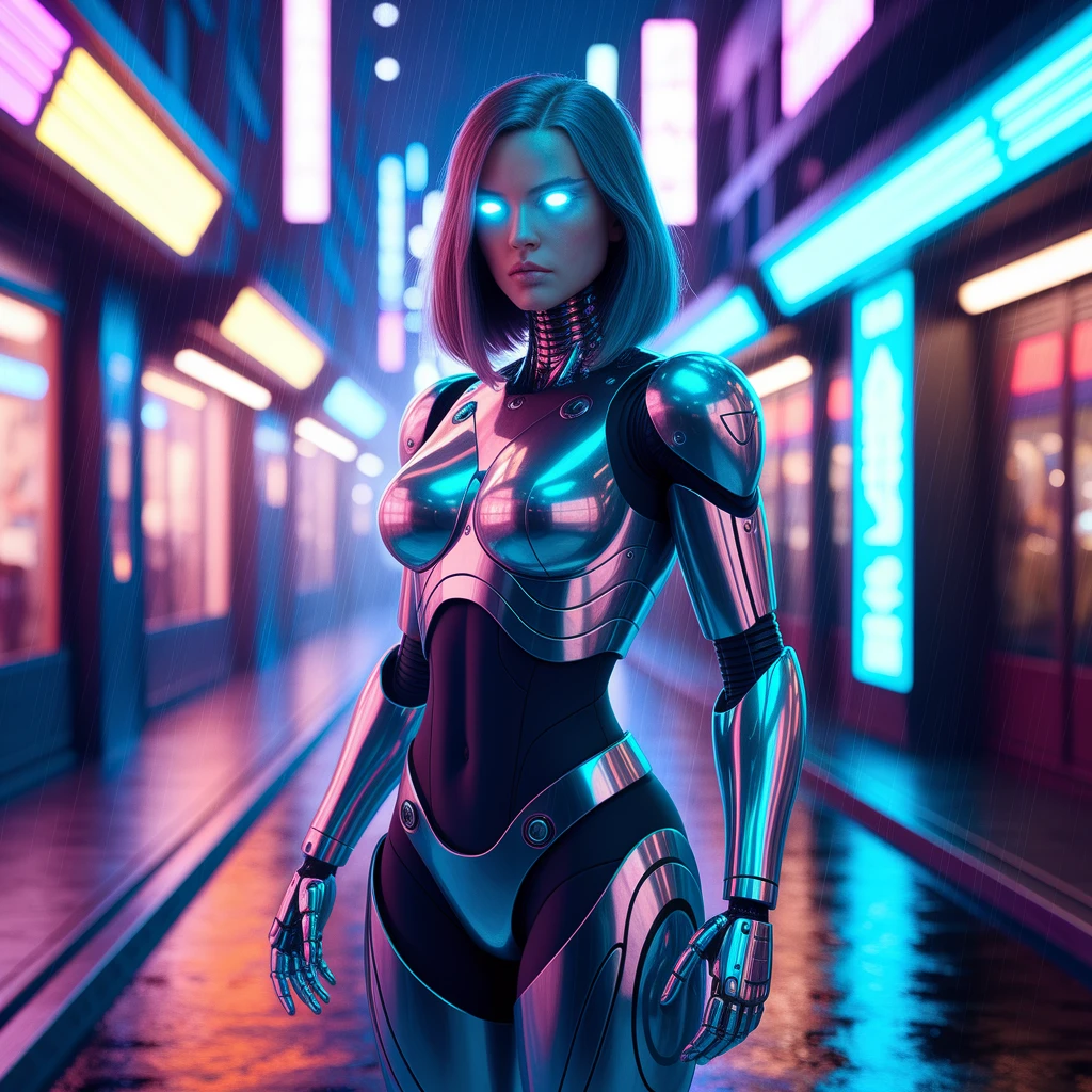 Female cyborg with glowing blue eyes, chrome armor, neon-lit alley in futuristic Tokyo, rain reflections, cinematic lighting, hyper-realistic details