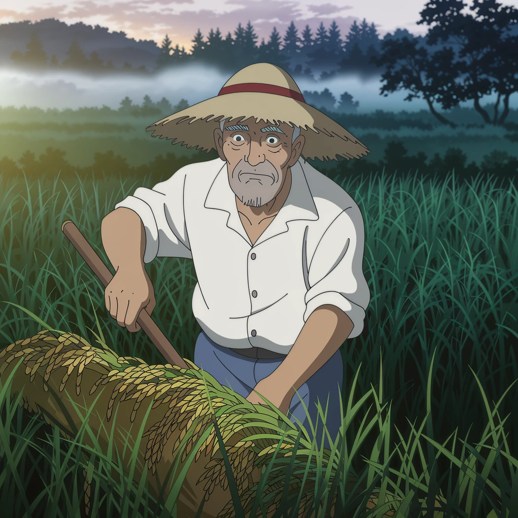 Old man with a straw hat harvesting in a rice field at dawn, mist rising in the distance, wrinkled hands and sun-aged skin, photorealistic country life