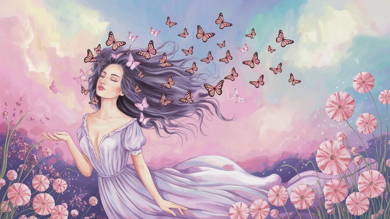 A woman with butterflies emerging from her hair, floating in a weightless dreamscape, pastel color palette, soft lighting, highly detailed surrealism