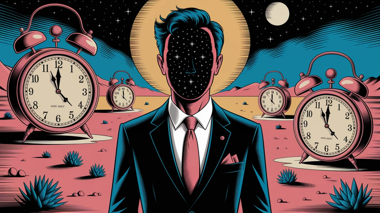 Man with a starry night sky in place of his face, wearing a suit, standing in a desert with melting clocks, inspired by Dali, ultra-detailed textures
