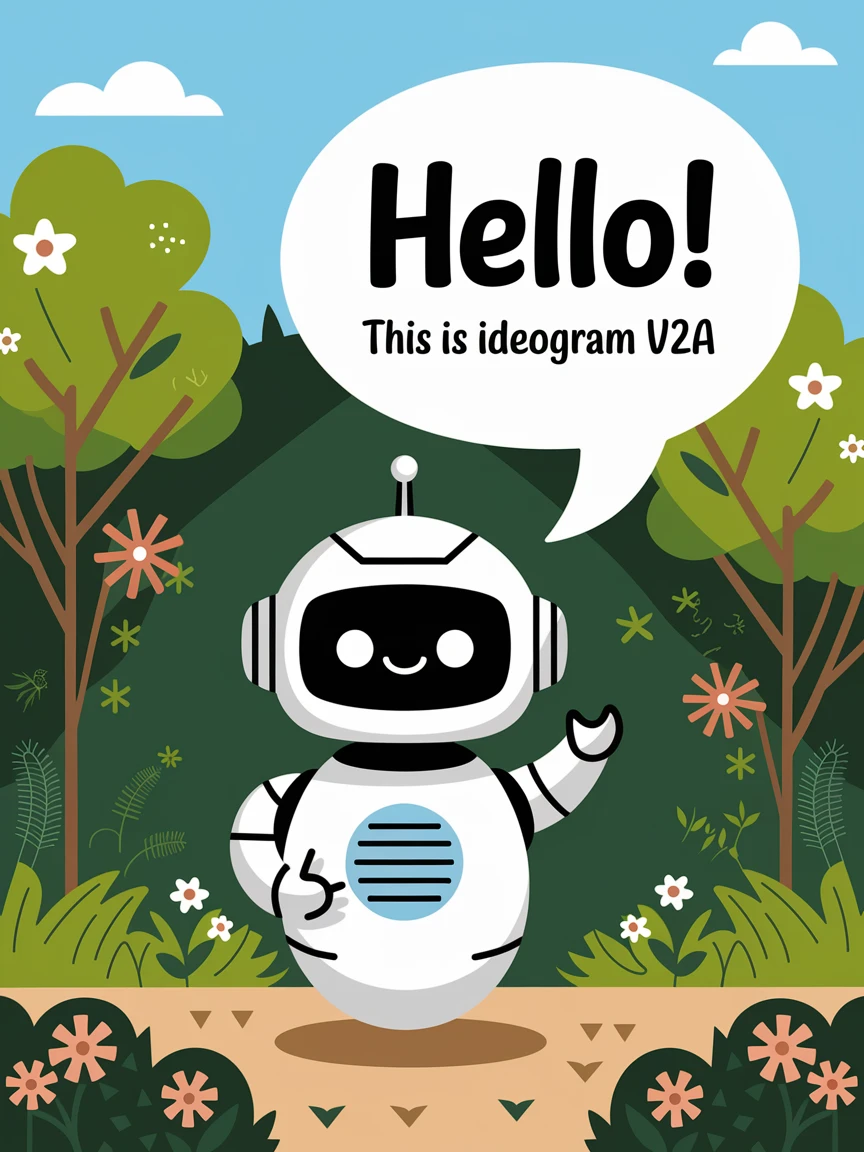 Vector art of a cute robot, in a speech bubble it says "Hello! This is Ideogram V2A" in a friendly font, the robot is in a garden