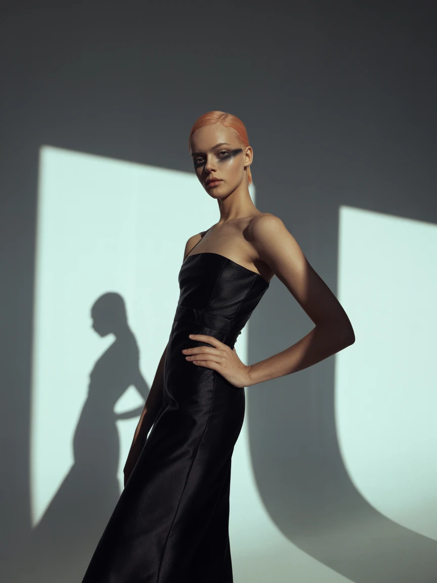 High fashion model posing in a minimalist studio, dramatic shadow play, sharp cheekbones, avant-garde makeup, Vogue editorial style, high resolution