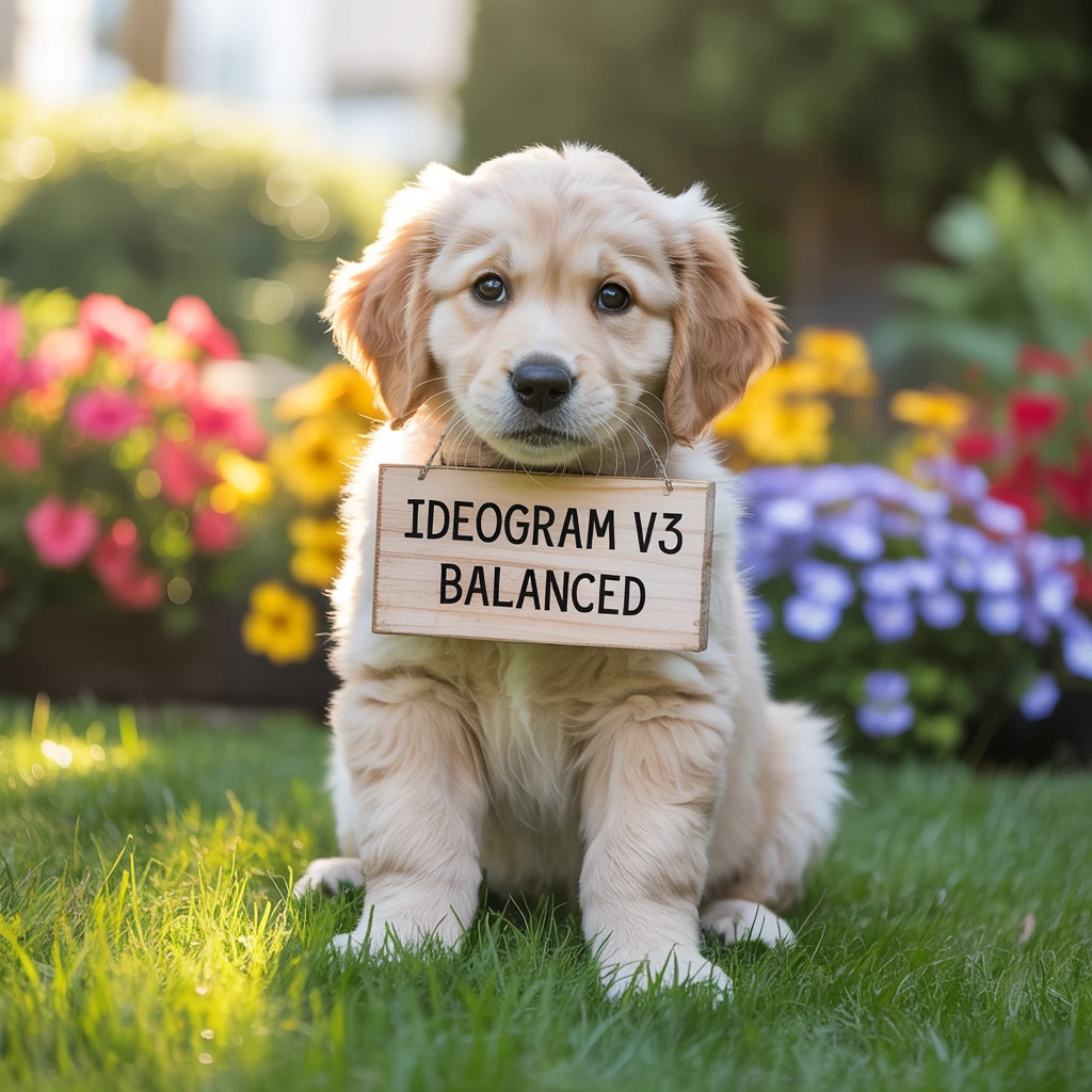 a photo of a puppy holding a sign that says "Ideogram v3 balanced"