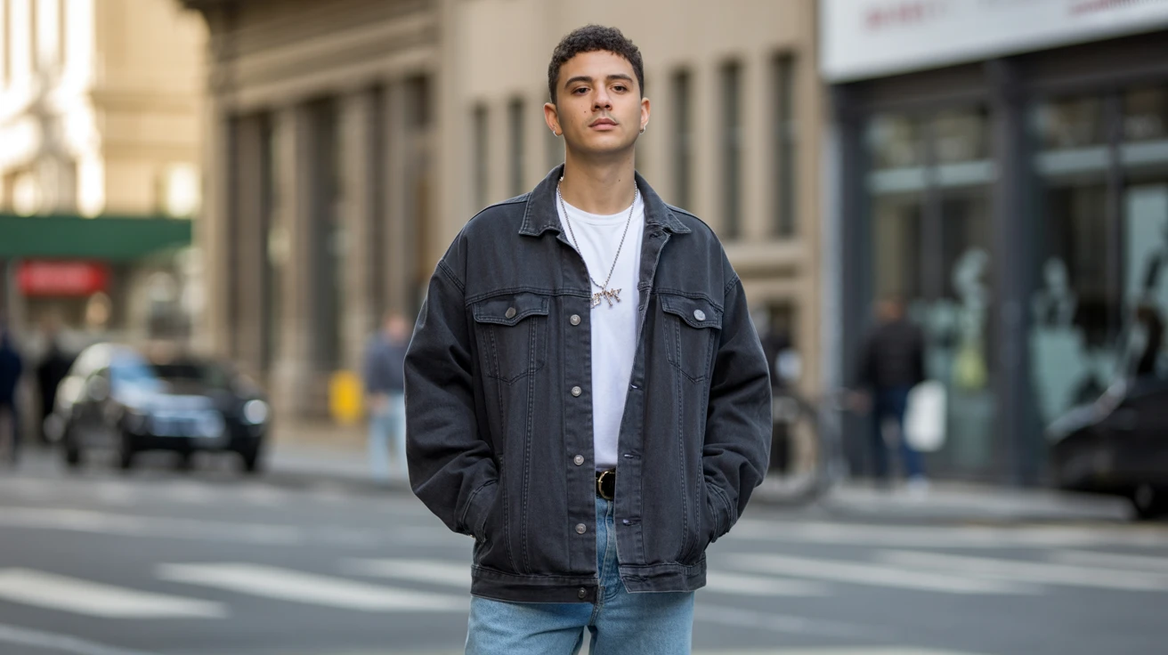 Street style portrait of a Gen Z fashion influencer in oversized jacket and sneakers, urban background, natural light, detailed facial expression and accessories