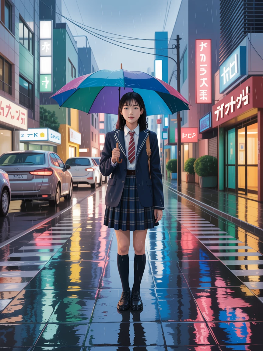 Teenage girl in a school uniform standing on a rainy street in Tokyo, neon reflections on the ground, umbrella in hand, captured with shallow depth of field