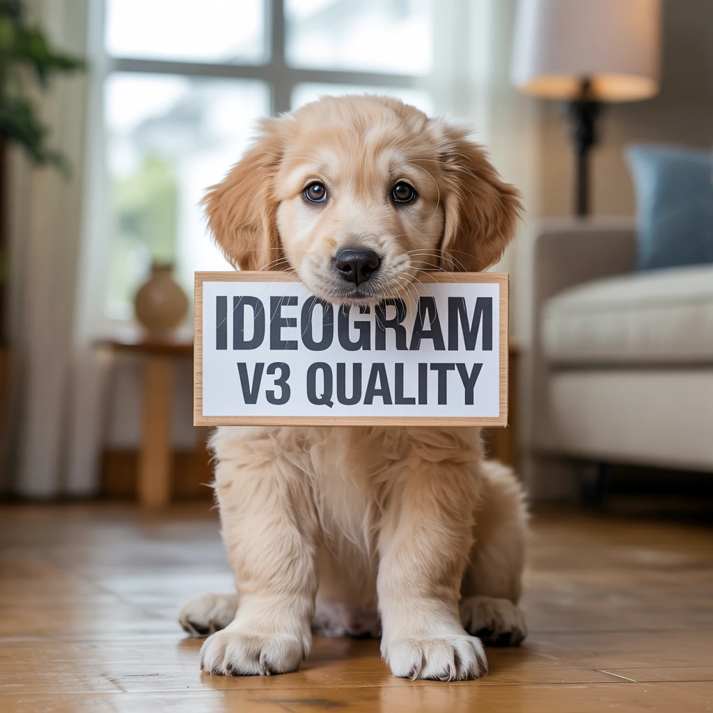 a photo of a puppy holding a sign that says "Ideogram v3 quality"