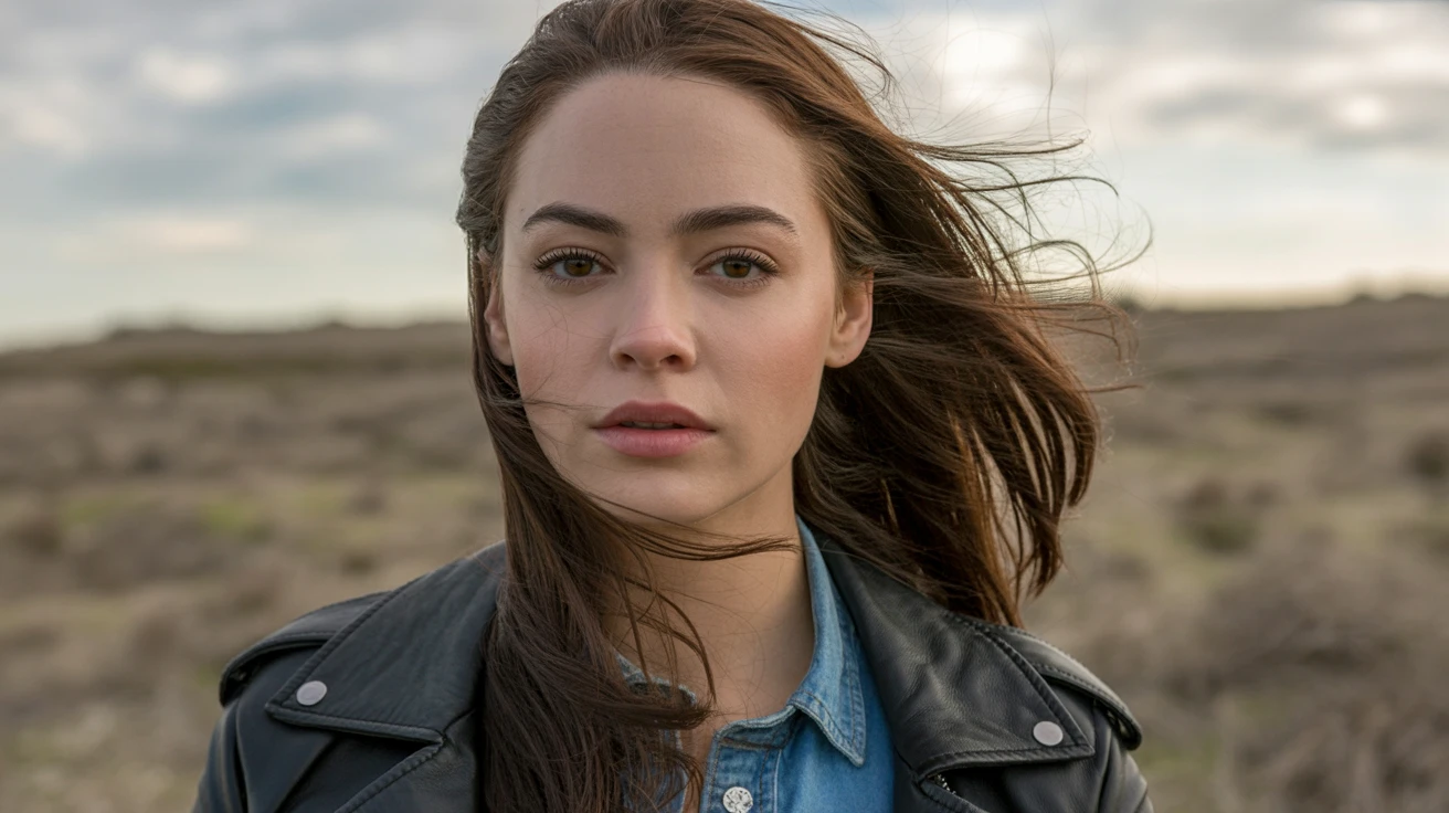 Ultra-realistic portrait of a young woman with windswept hair, wearing a leather jacket, golden hour lighting, 85mm lens, cinematic color grading, visible skin texture and pores