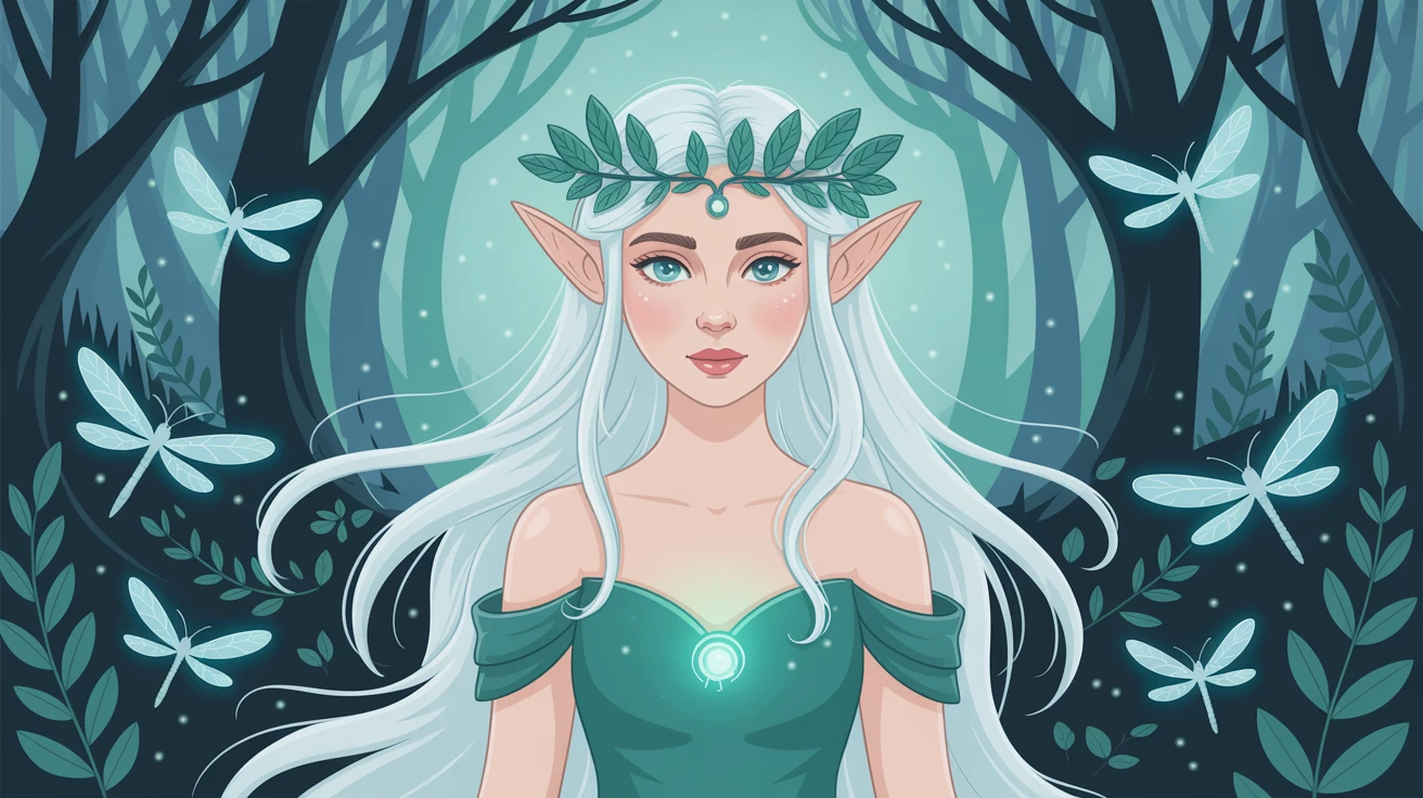 Elven princess in a glowing forest, wearing a crown of leaves, long flowing hair, bioluminescent fireflies surrounding her, ethereal atmosphere