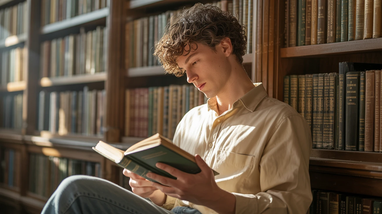 Young man with curly hair reading a book in a vintage library, warm sunlight casting shadows, hyperrealistic detail, Leica-style lens