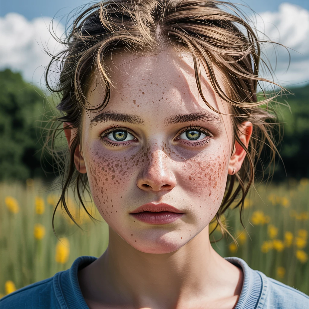 Close-up portrait of a freckled teenage girl with messy hair and intense green eyes, natural lighting, photorealistic, skin pores visible