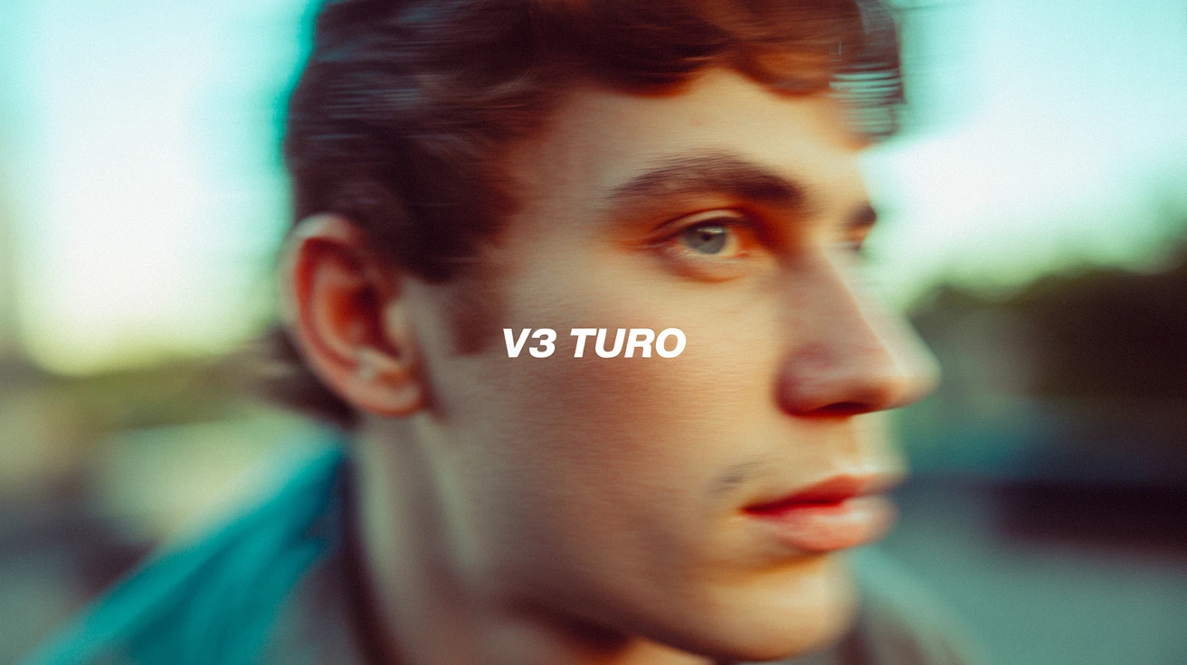 The text "V3 Turbo" in the center middle. A color film-inspired portrait of a young man looking to the side with a shallow depth of field that blurs the surrounding elements, drawing attention to his eye. The fine grain and cast suggest a high ISO film stock, while the wide aperture lens creates a motion blur effect, enhancing the candid and natural documentary style.