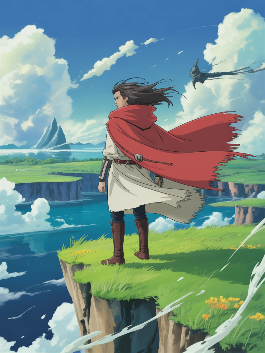 Stylized male character with long hair and red cloak standing on a cliff, wind blowing, anime fantasy world background, Ghibli-inspired