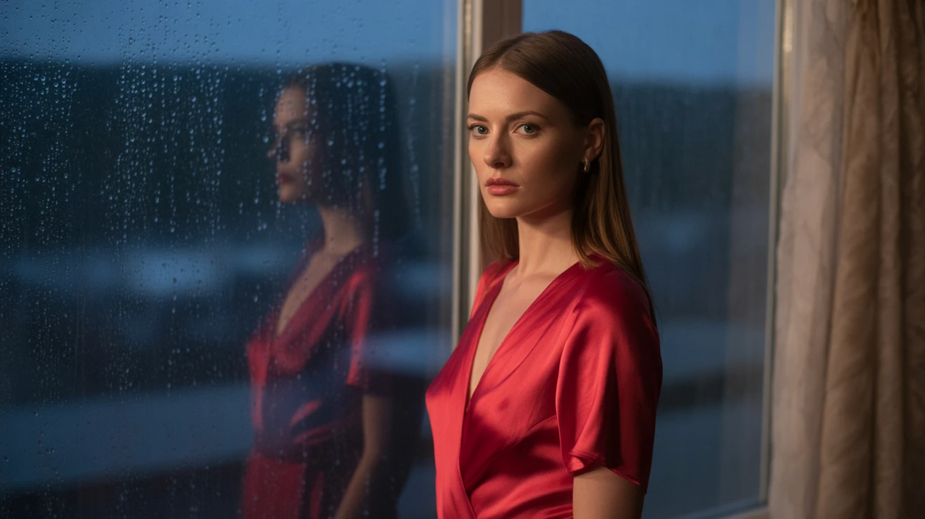 A woman in a red silk dress standing beside a rainy window, soft reflections, moody cinematic lighting, ultra-detailed, 85mm photography style