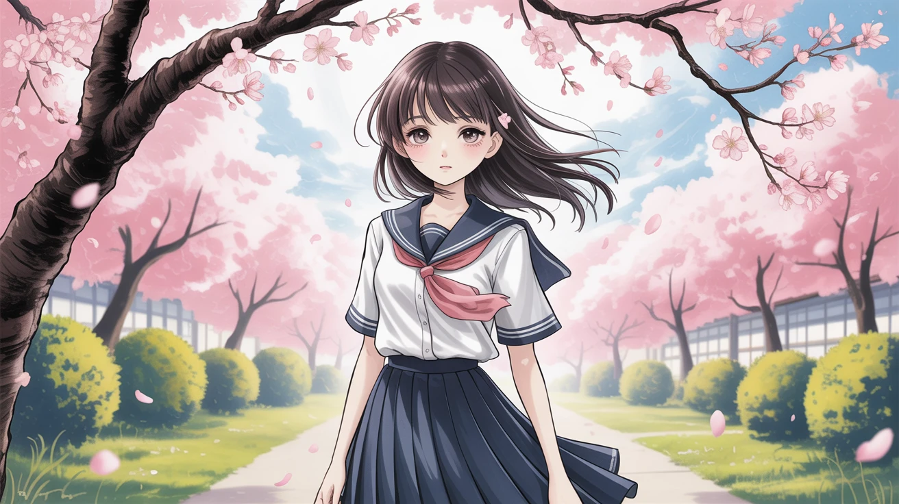 Anime-style schoolgirl under cherry blossoms, soft pastel palette, glowing petals, 2D cel-shaded style, dramatic lighting