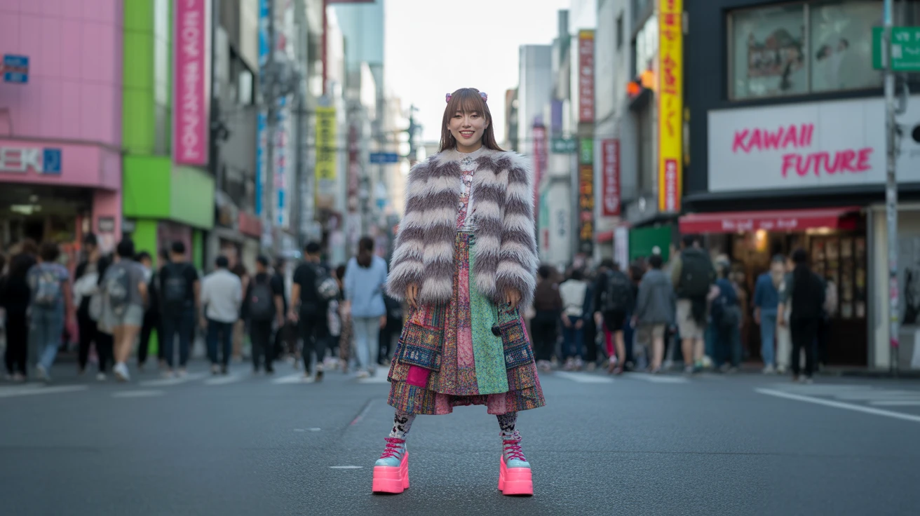 Japanese street fashion model in Harajuku, eccentric outfit with vivid colors, layered accessories, candid urban scene, Tokyo vibes
