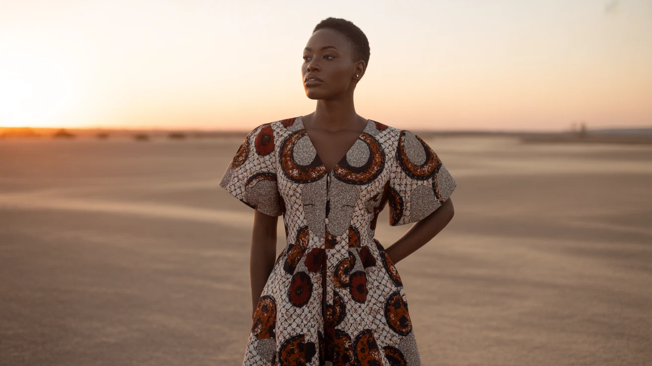 Modern African woman in bold patterned Ankara dress, standing in a desert with a sunset backdrop, fashion editorial style, rich textures