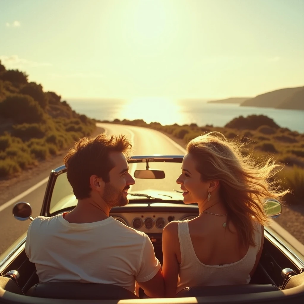 A couple drives a vintage convertible along a winding coastal road in southern France during golden hour. The wind tousles their hair, and the sea sparkles beside them. The camera captures them in soft, grainy light—sunlight flaring over the lens like old 35mm film. Their laughter mixes with the sound of the engine and seagulls. It’s cinematic, nostalgic, effortlessly romantic.
