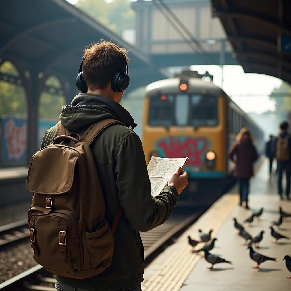 A backpacker in his twenties stands at a railway platform in Lisbon, gazing at an old graffiti-covered train as it pulls in. He wears headphones and carries a weathered map. The station is filled with soft natural light, pigeons fly past, and people blur around him. The atmosphere is meditative and sincere—a moment of transition and silent story.