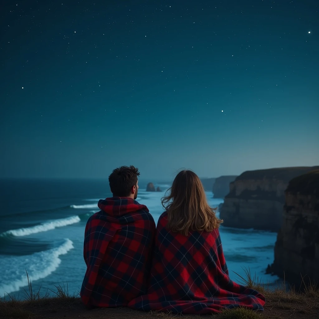 A couple wrapped in a plaid blanket sits on a cliff overlooking the Atlantic Ocean under a sky scattered with stars. Waves crash below, and their silhouettes are outlined by moonlight. The camera slowly rotates around them as they point at constellations, wind tousling their hair. The motion is minimal yet deeply emotive—capturing intimacy, stillness, and wonder.