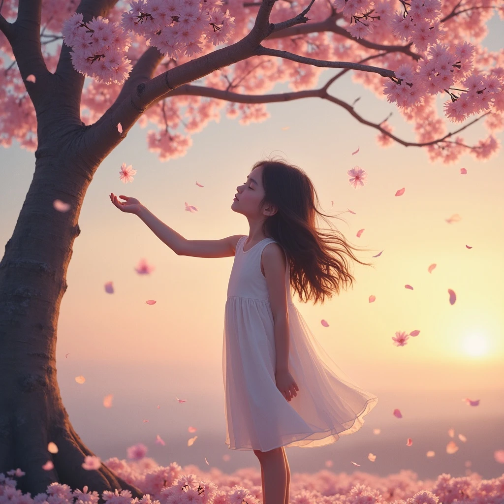 A girl in a soft white dress stands beneath a cherry blossom tree at twilight, her eyes closed as petals drift gently around her. The sky glows with hues of lavender and gold, and a slow breeze moves her hair and dress like silk. Her hand reaches out to catch a falling petal, and the camera lingers on the motion. The atmosphere is delicate, dreamlike, and filled with quiet longing—like a memory suspended in golden light.