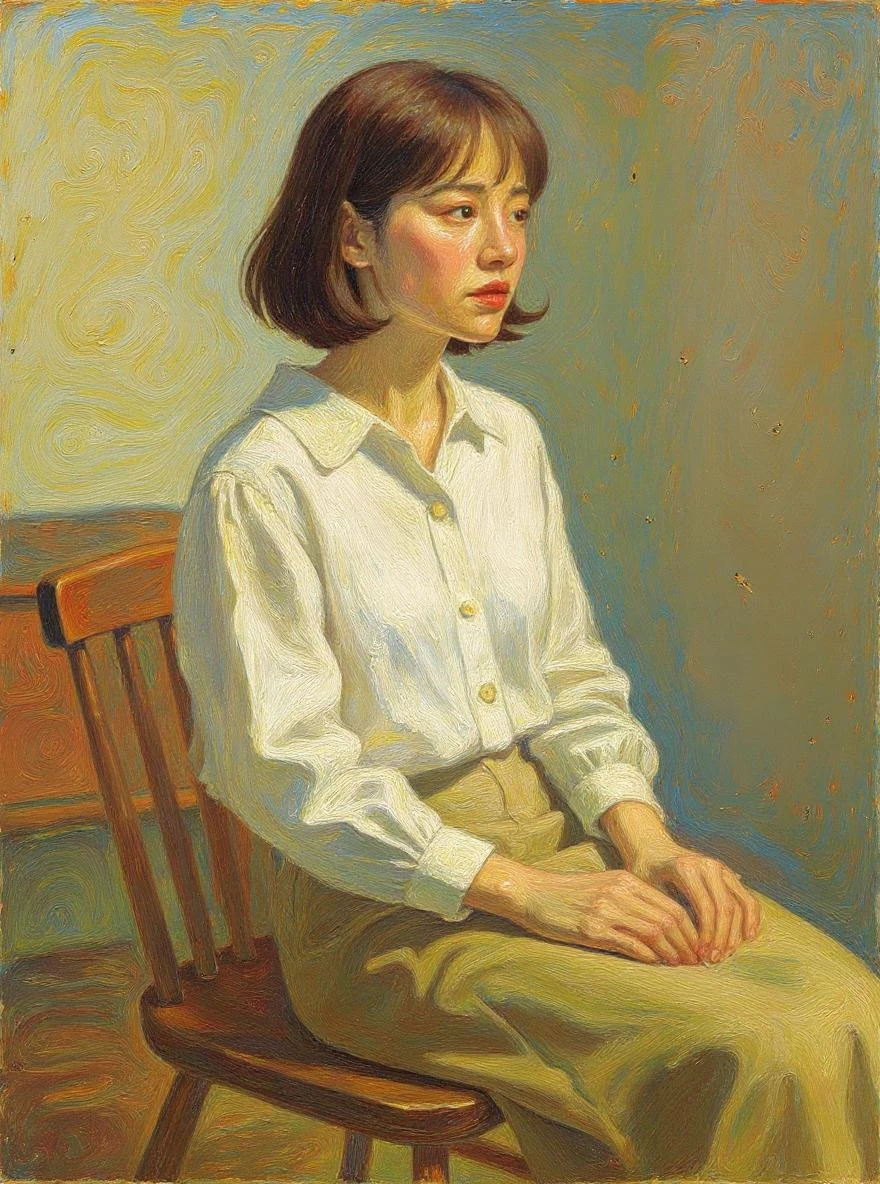 transform the scene into an impressionist oil painting style, enhance brushstroke textures and warm color palette, maintain the woman’s pose and outfit, change lighting to soft golden hour, add painterly indoor background with vintage furniture