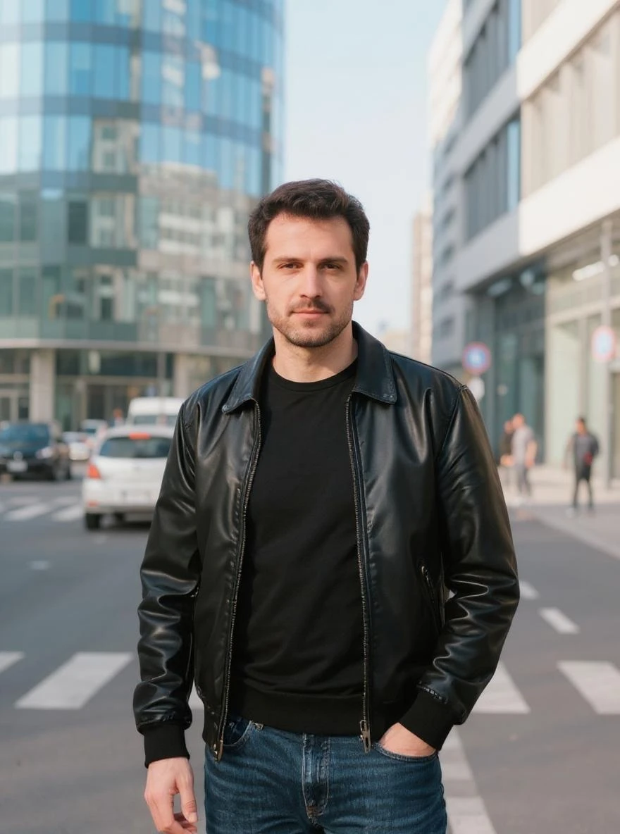 a man in his 30s standing on a busy modern street, wearing a black leather jacket and jeans, background of glass buildings and cars, daytime, candid photography style