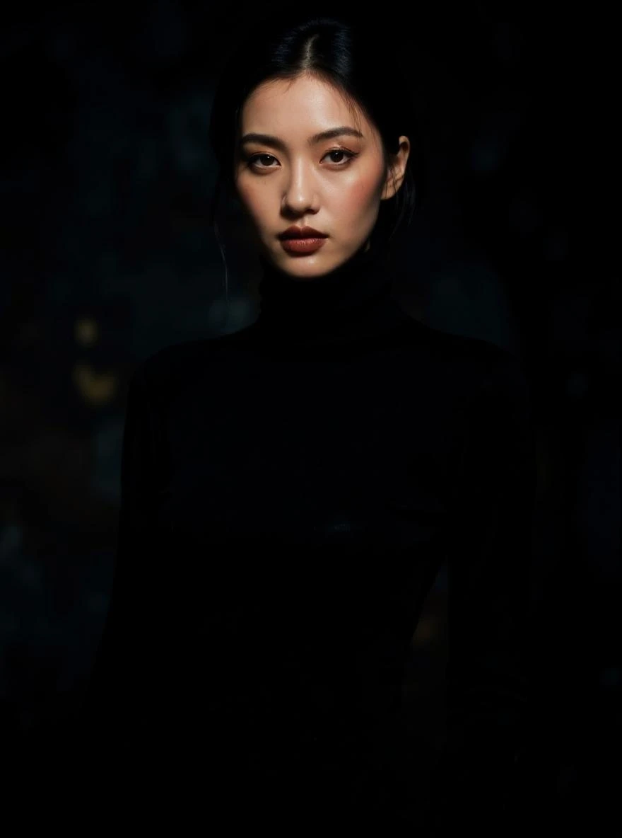 convert to high fashion editorial style, add dramatic shadows and high contrast lighting, replace white wall with abstract textured backdrop, enhance makeup with bold colors, keep outfit but stylize pose and expression for a Vogue magazine look