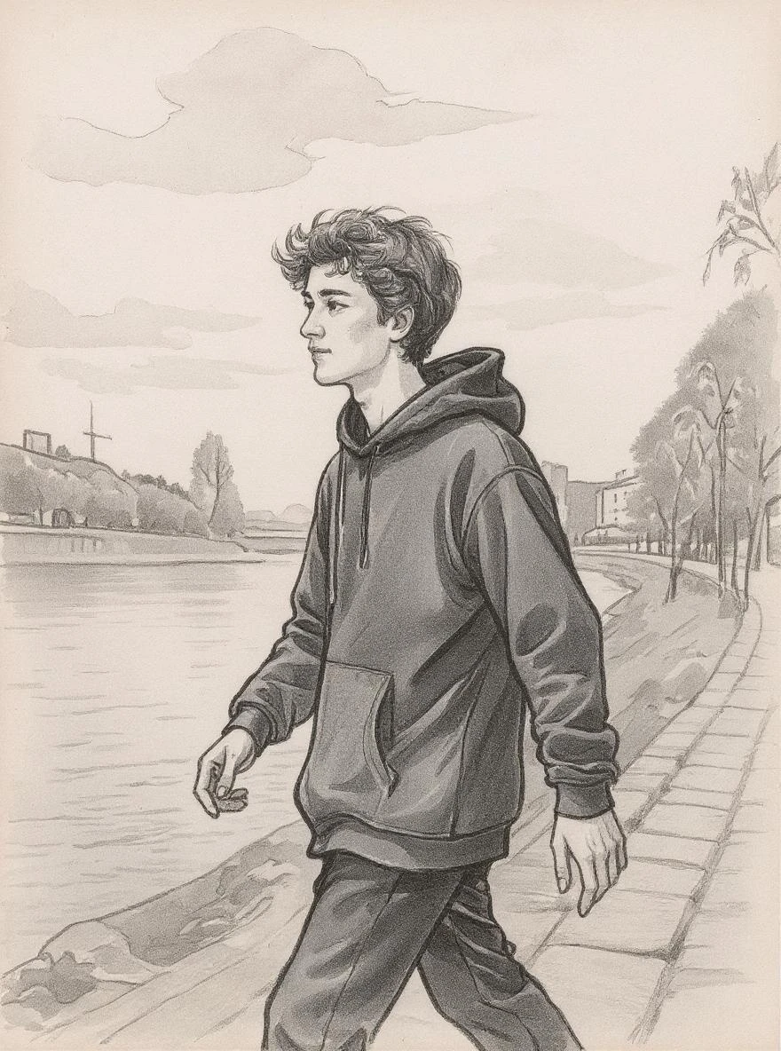 reimagine the scene as a traditional Chinese ink painting, convert the young man’s outfit to ancient hanfu while keeping facial features intact, replace urban background with misty mountains and willow trees, apply desaturated ink wash style