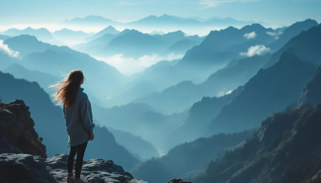A tranquil wide-angle shot of a girl standing on a rocky cliff’s edge, facing a breathtaking vista of layered mountain ranges. Her loose hair moves in the wind, and the morning fog rolls gently over the peaks. The scene is vast, inspiring, and quietly powerful.