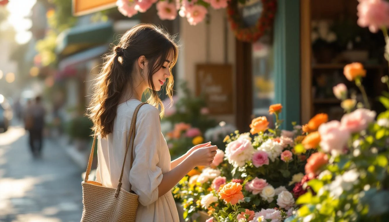 A light and airy street scene of a young woman browsing flowers outside a quaint corner shop. She wears a linen dress, straw bag slung casually over her shoulder, and sunlight casts soft glows through the flower petals. The ambiance is fresh, delicate, and full of life.