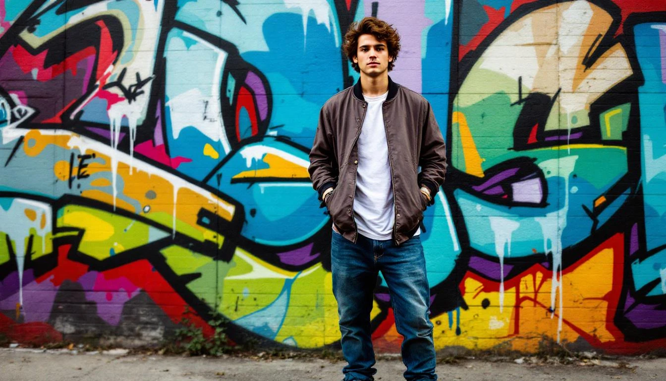 A dynamic urban street shot of a young man standing confidently in front of a colorful graffiti wall, hands in pockets. He wears a vintage jacket, loose jeans, and sneakers. The image is full of motion, texture, and raw street culture energy.