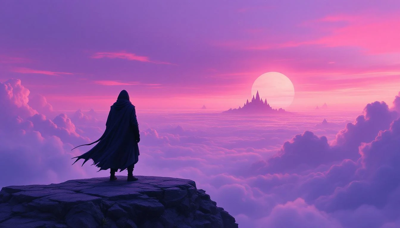 An epic fantasy illustration of a cloaked traveler standing on a levitating stone island high in the clouds. His silhouette faces a sky painted with soft violet and crimson hues, with distant floating temples barely visible. The tone is mysterious, majestic, and inspiring.