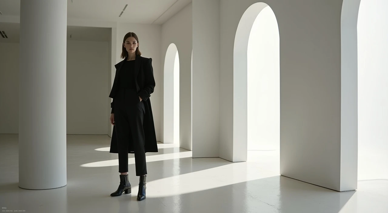 A high-fashion editorial shot of a poised woman in avant-garde attire, standing confidently in a minimalist, architecturally designed interior. Clean lines, indirect lighting, and bold shadows create a striking contrast, emphasizing elegance and geometry.