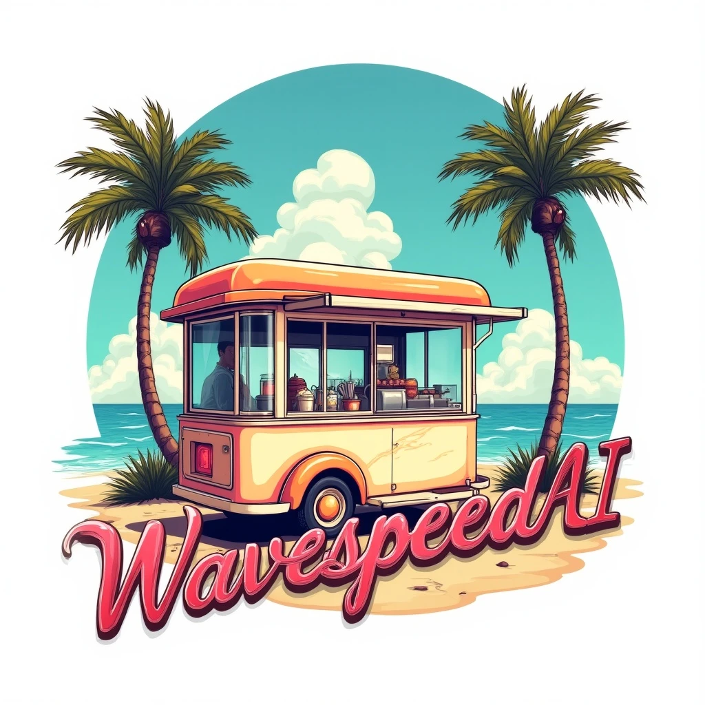 A vibrant custom illustration, retro-style, featuring a vintage ice cream cart, by the beach, with palm trees. The text 'WavespeedAI' is displayed in a retro, distressed style, with each letter in a different color, exuding a sense of nostalgia. The design is perfect for a t-shirt print, with an isolated white background.