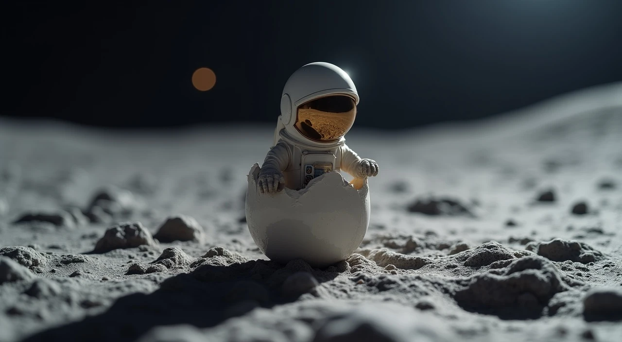 a tiny astronaut hatching from an egg on the moon