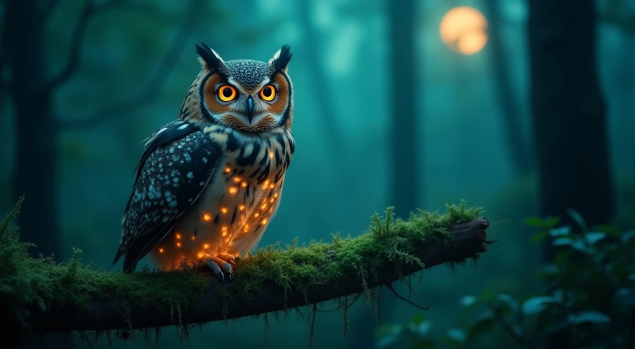 A majestic owl with glowing, iridescent feathers perched on a moss-covered branch in a mystical, moonlit forest. Deep emerald green and sapphire blue tones dominate the scene.