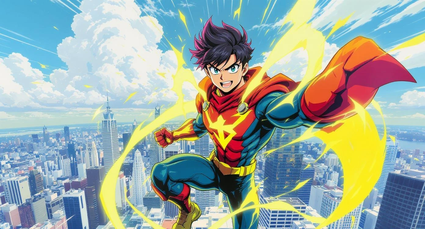 A vibrant young superhero in a brightly colored costume, striking a dynamic pose atop a city skyline, with a lively urban landscape in the background. Bold lines, vivid colors, American comic book/Japanese anime style.