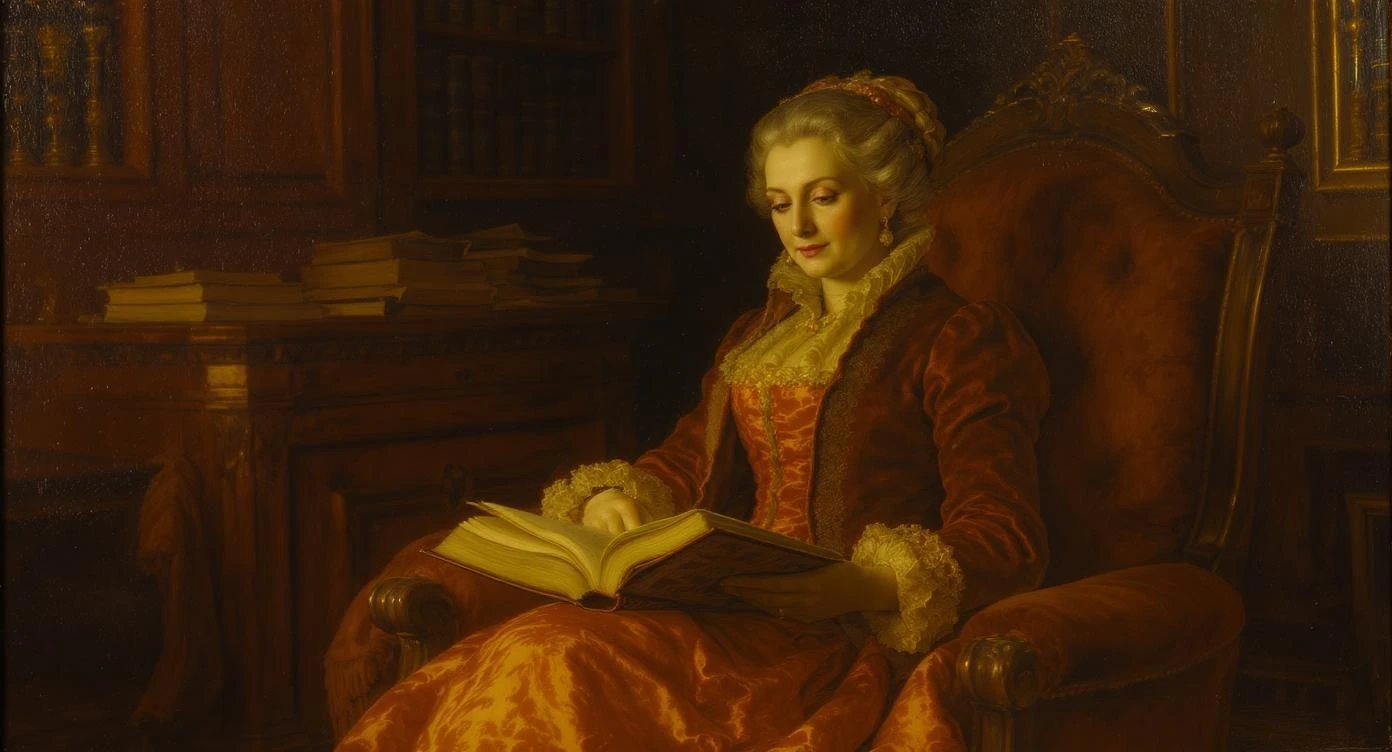 An elderly woman in elaborate Victorian attire, seated in a velvet-upholstered armchair, holding an open book with a serene expression, against the backdrop of a dimly lit classical study. Classical oil painting texture, soft Rembrandt lighting, rich and deep colors.