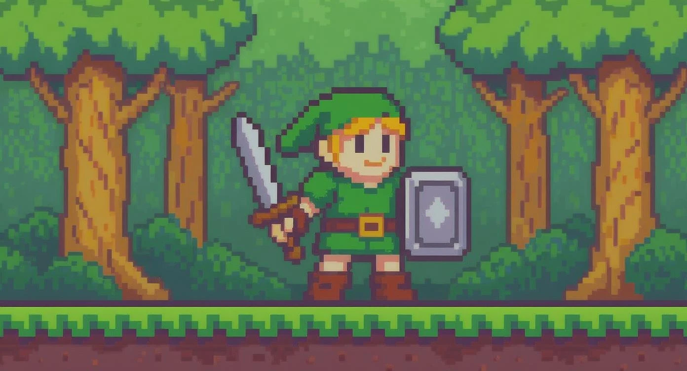 An 8-bit style adventurer character, holding a pixelated sword and shield, standing in a simple forest scene with blocky trees and bushes in the background. Clear pixel blocks, limited color palette, nostalgic retro game style.